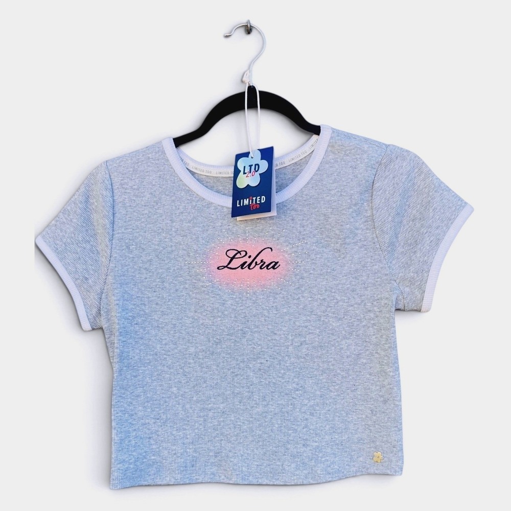 Limited Too Girls Libra Ringer Tee Size L Blue Ribbed Rhinestone Y2K Baby Tee